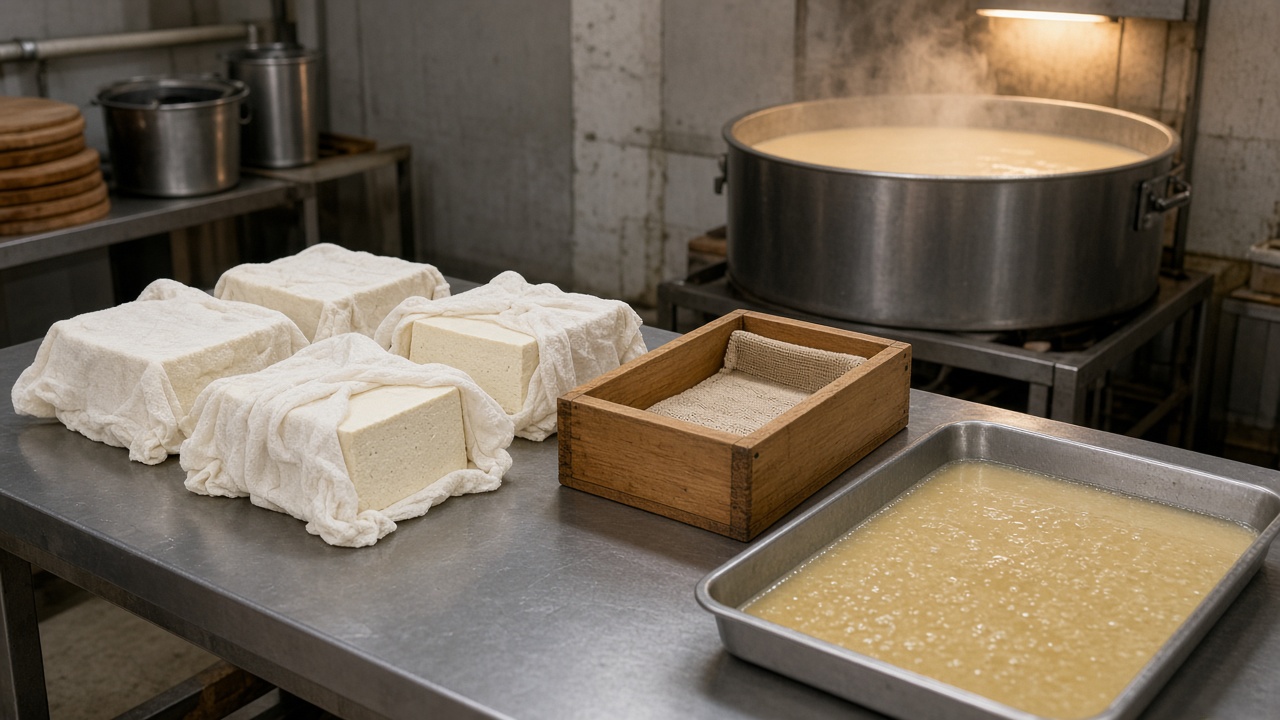 Traditional tofu being made in our factory